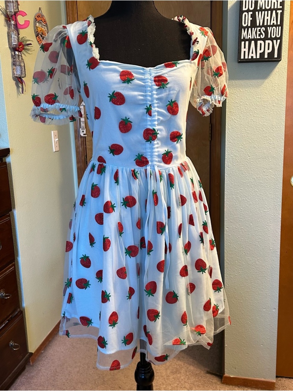 Smak Parlour light blue dress sheer mesh overlay with strawberries size S